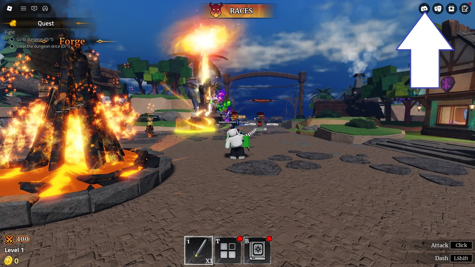 Iron Soul: Dungeon tutorial area — the arrow points to the Discord icon where codes are redeemed