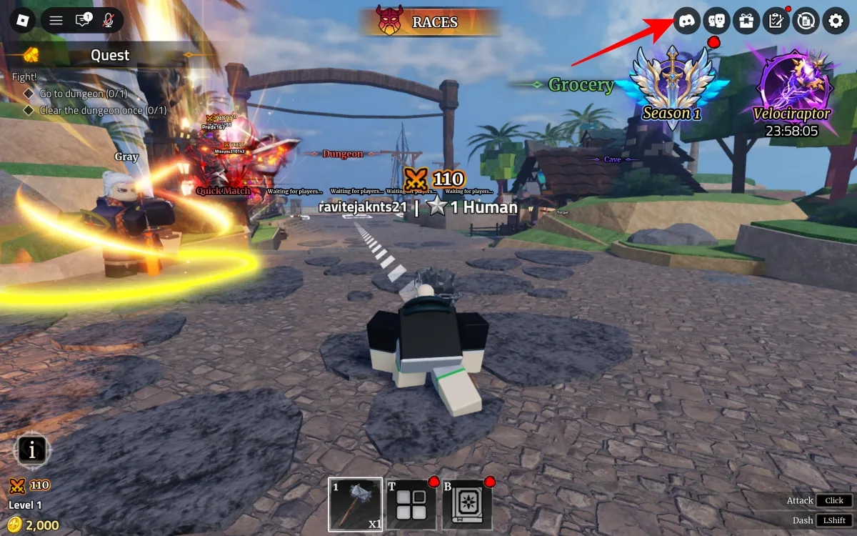 Click the Discord icon in the top-right corner to open the Iron Soul: Dungeon code panel