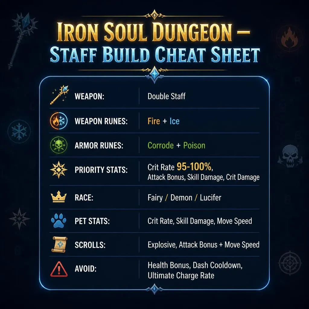 Iron Soul: Dungeon staff build cheat sheet with rune and stat priorities