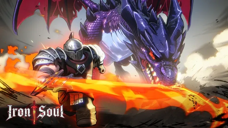 Iron Soul: Dungeon key art — a knight with a flaming sword battling a dragon