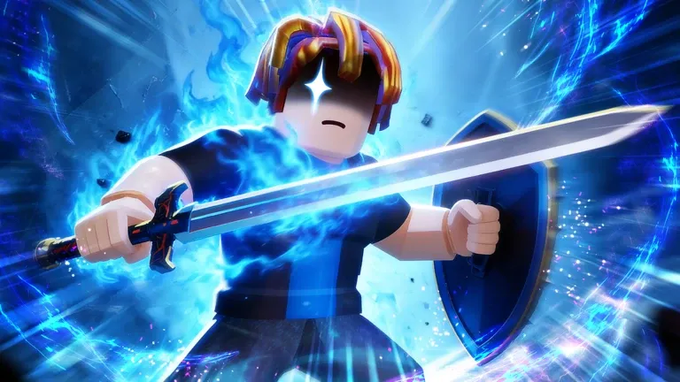 Sword-and-shield fighter glowing with blue energy